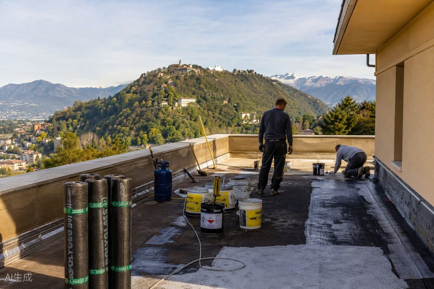 Cantiere di rifacimento terrazzo a Varese: posa della guaina su un balcone condominiale